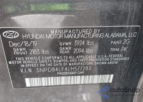 2020 Hyundai Elantra Sel z USA, uszkodzony, nr VIN 5NPD84LF4LH577283